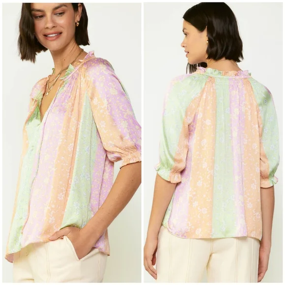 CURRENT AIR Anthropologie Color Block Floral Short Sleeves Relaxed Fit B… - Picture 3 of 5